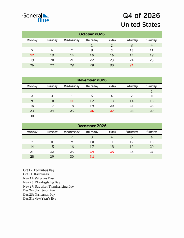 Quarterly Calendar 2026 with United States Holidays