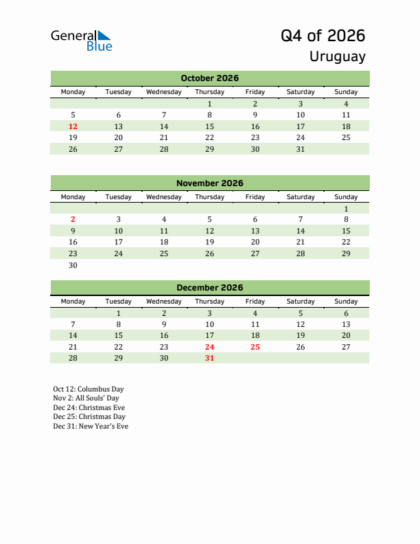 Quarterly Calendar 2026 with Uruguay Holidays