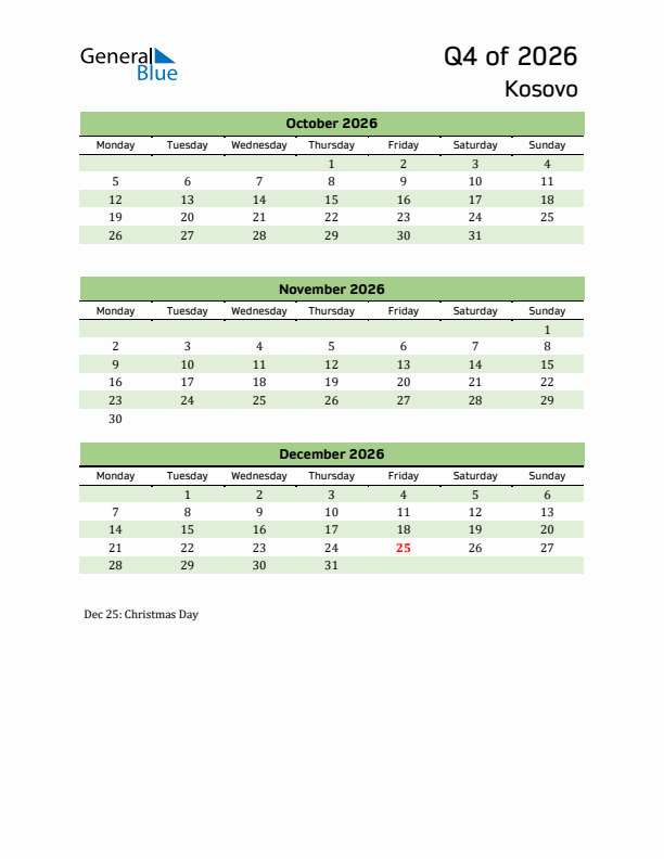 Quarterly Calendar 2026 with Kosovo Holidays