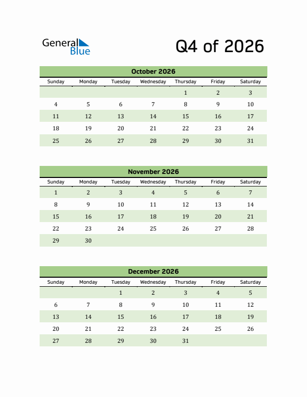 Printable Quarterly Calendar (Q4 2026)