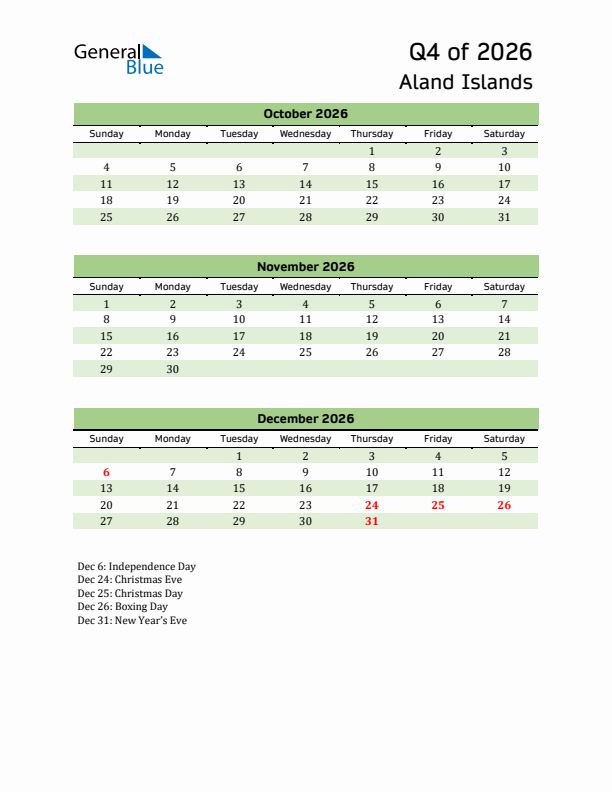 Quarterly Calendar 2026 with Aland Islands Holidays