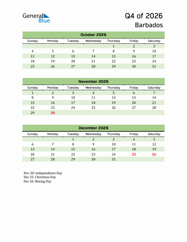 Quarterly Calendar 2026 with Barbados Holidays