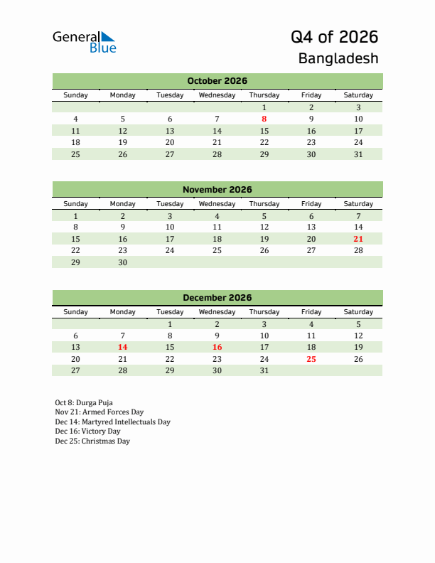 Quarterly Calendar 2026 with Bangladesh Holidays