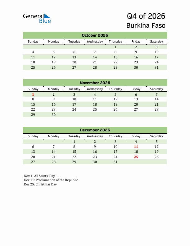 Quarterly Calendar 2026 with Burkina Faso Holidays