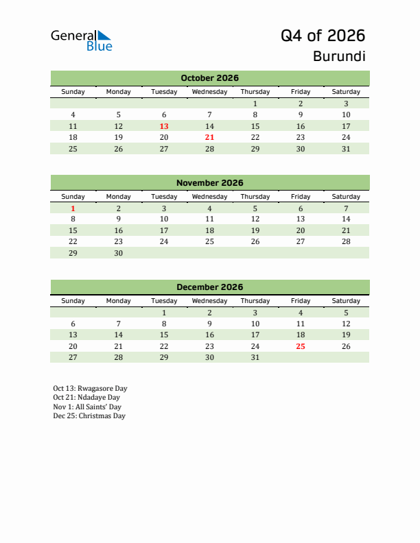 Quarterly Calendar 2026 with Burundi Holidays