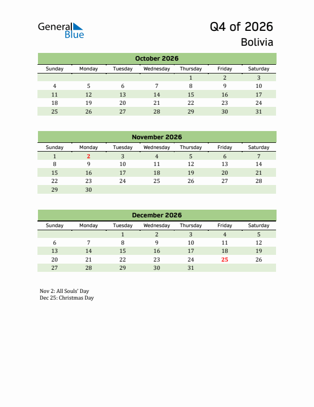 Quarterly Calendar 2026 with Bolivia Holidays