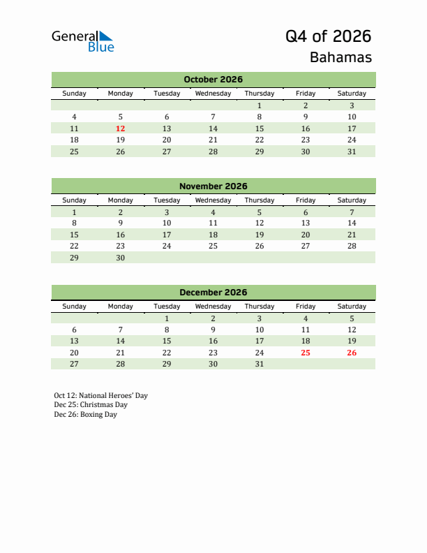 Quarterly Calendar 2026 with Bahamas Holidays