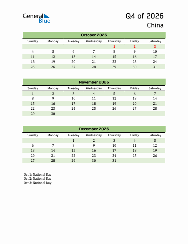 Quarterly Calendar 2026 with China Holidays