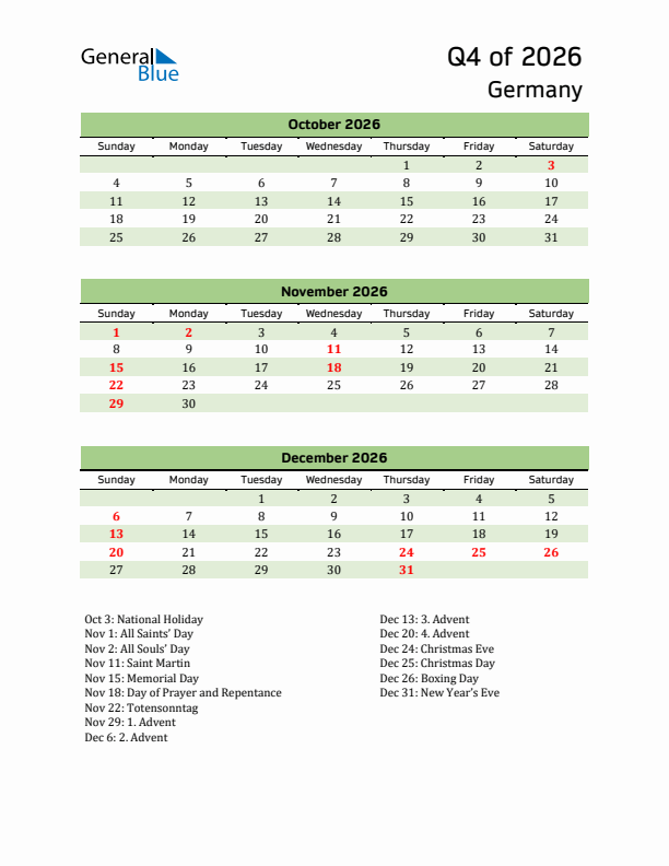 Quarterly Calendar 2026 with Germany Holidays