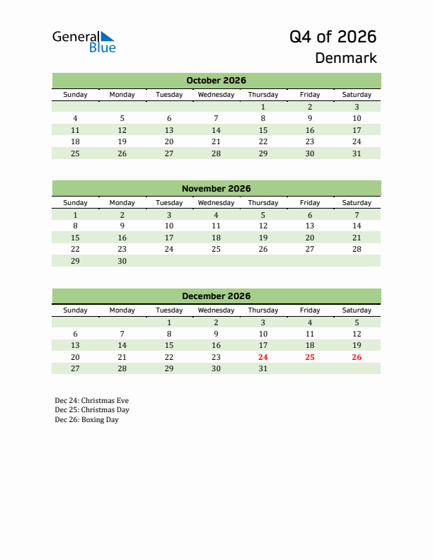 Quarterly Calendar 2026 with Denmark Holidays