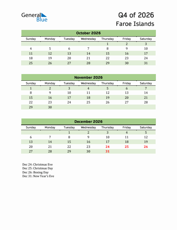 Quarterly Calendar 2026 with Faroe Islands Holidays