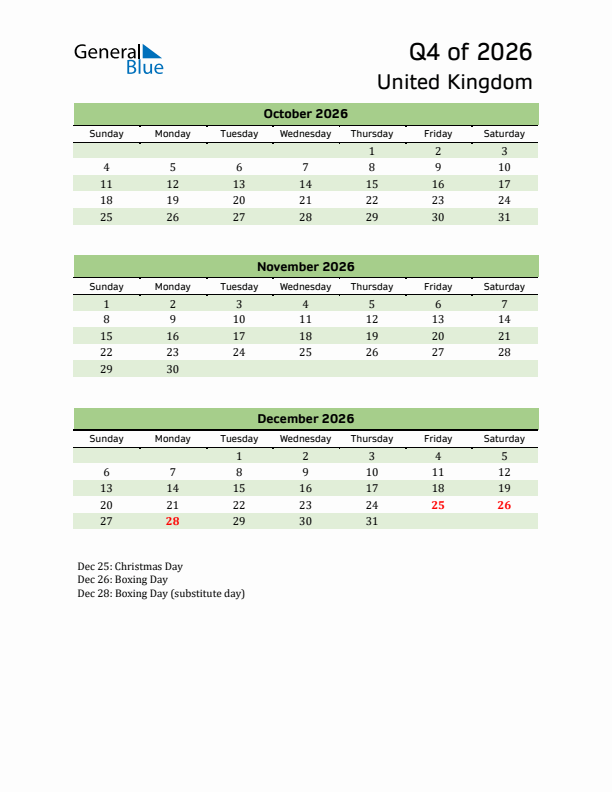 Quarterly Calendar 2026 with United Kingdom Holidays