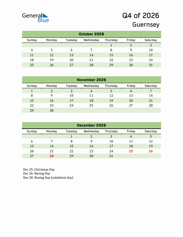 Quarterly Calendar 2026 with Guernsey Holidays