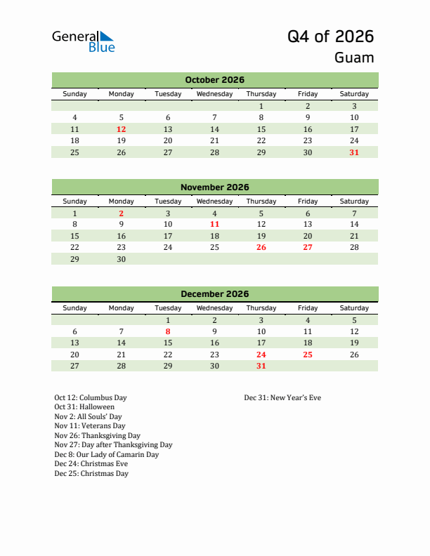 Quarterly Calendar 2026 with Guam Holidays