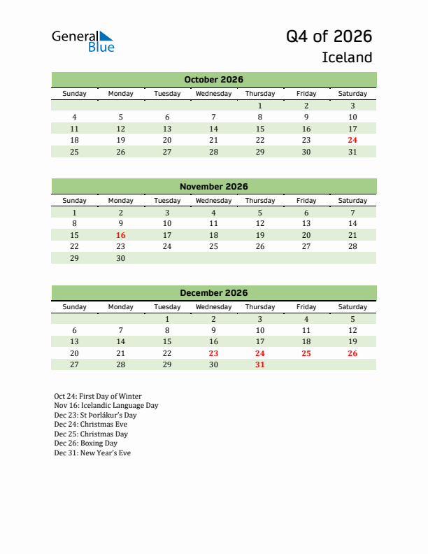 Quarterly Calendar 2026 with Iceland Holidays