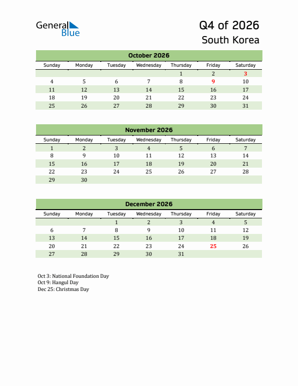 Quarterly Calendar 2026 with South Korea Holidays