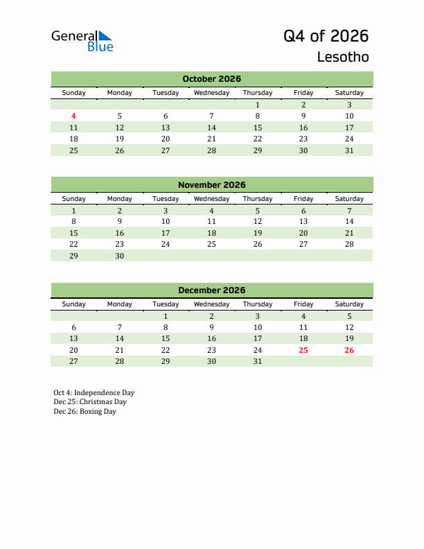 Quarterly Calendar 2026 with Lesotho Holidays