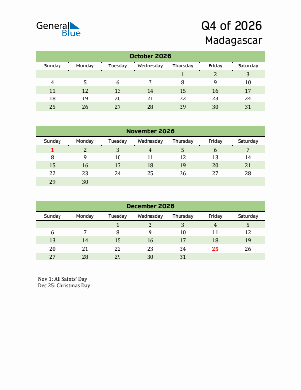 Quarterly Calendar 2026 with Madagascar Holidays