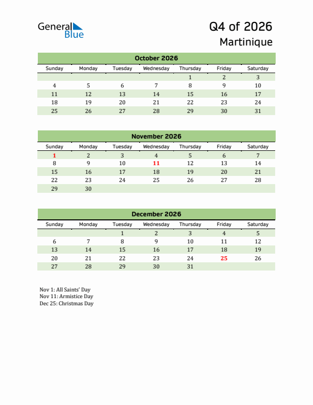 Quarterly Calendar 2026 with Martinique Holidays