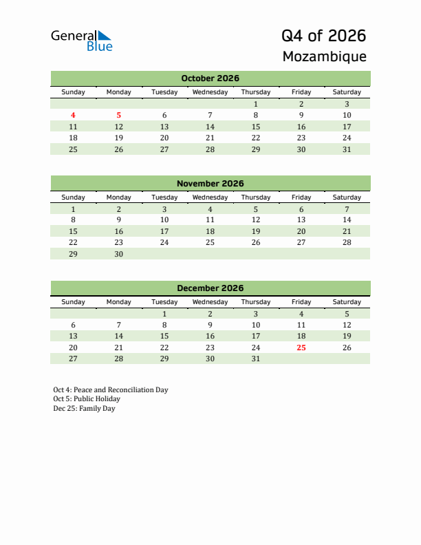 Quarterly Calendar 2026 with Mozambique Holidays