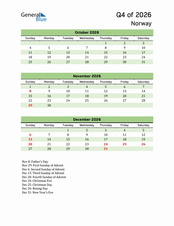 Quarterly Calendar 2026 with Norway Holidays