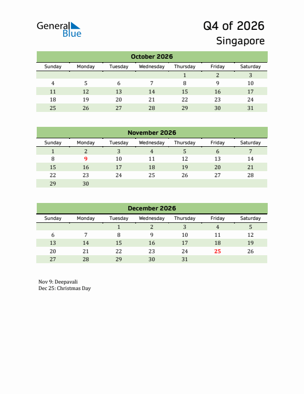 Quarterly Calendar 2026 with Singapore Holidays