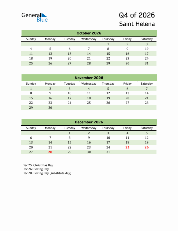 Quarterly Calendar 2026 with Saint Helena Holidays