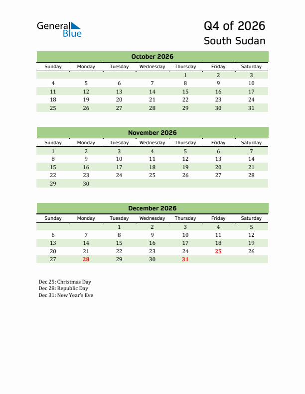 Quarterly Calendar 2026 with South Sudan Holidays