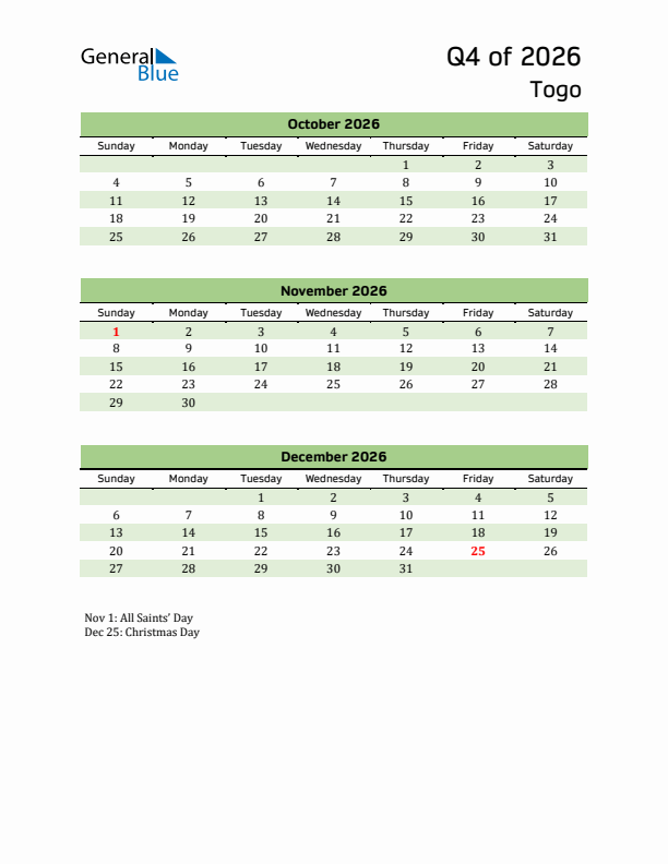 Quarterly Calendar 2026 with Togo Holidays