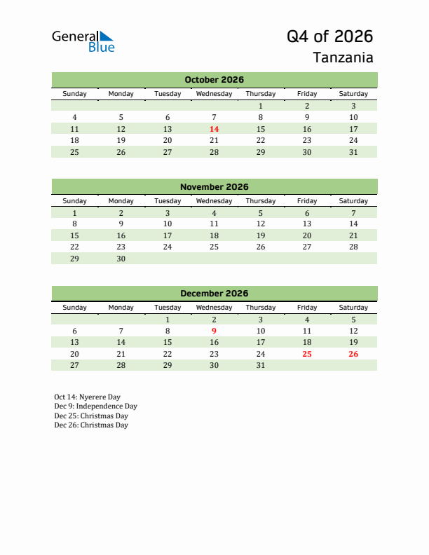 Quarterly Calendar 2026 with Tanzania Holidays