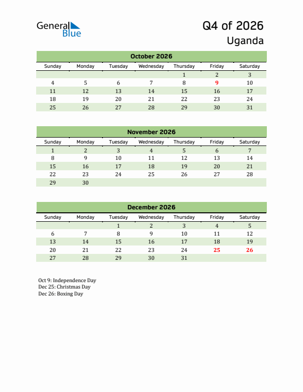 Quarterly Calendar 2026 with Uganda Holidays