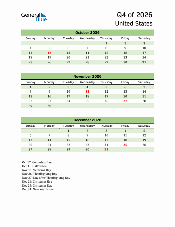 Quarterly Calendar 2026 with United States Holidays