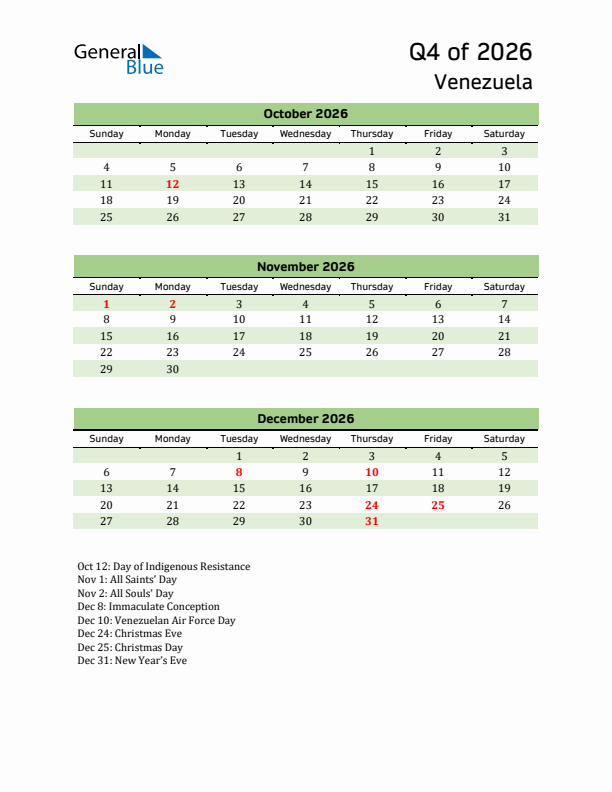 Quarterly Calendar 2026 with Venezuela Holidays