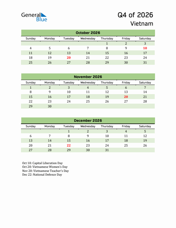 Quarterly Calendar 2026 with Vietnam Holidays