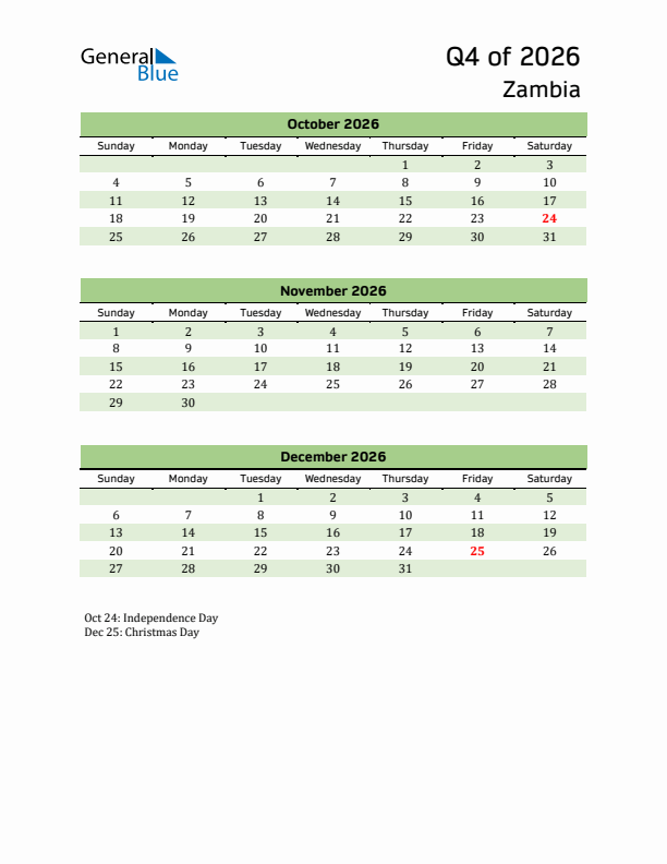 Quarterly Calendar 2026 with Zambia Holidays