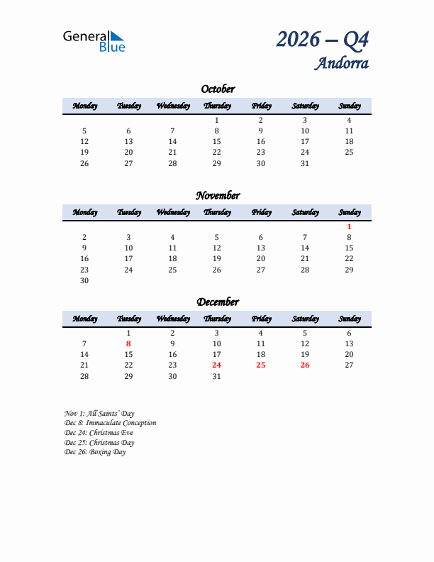 October, November, and December Calendar for Andorra with Monday Start