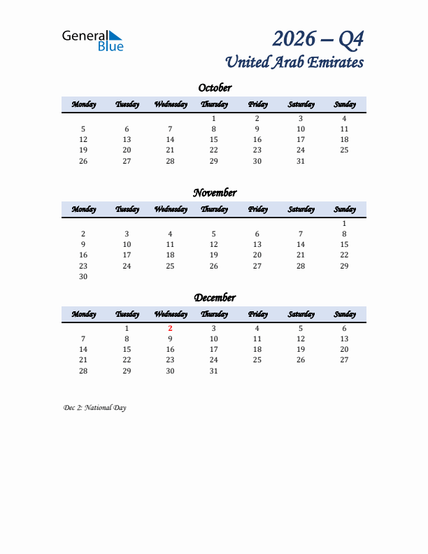 October, November, and December Calendar for United Arab Emirates with Monday Start