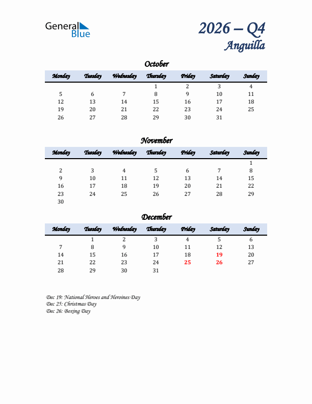 October, November, and December Calendar for Anguilla with Monday Start