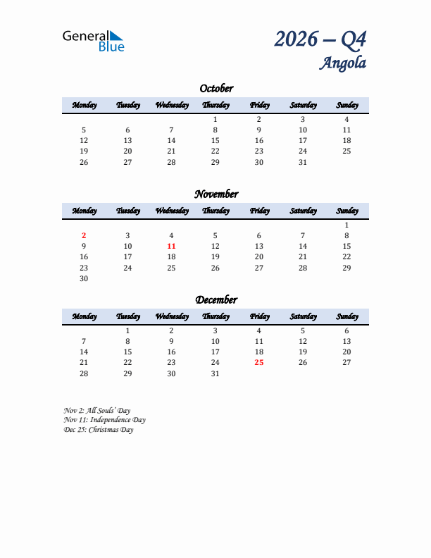 October, November, and December Calendar for Angola with Monday Start