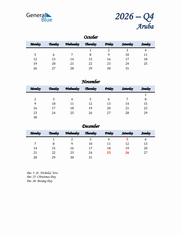 October, November, and December Calendar for Aruba with Monday Start