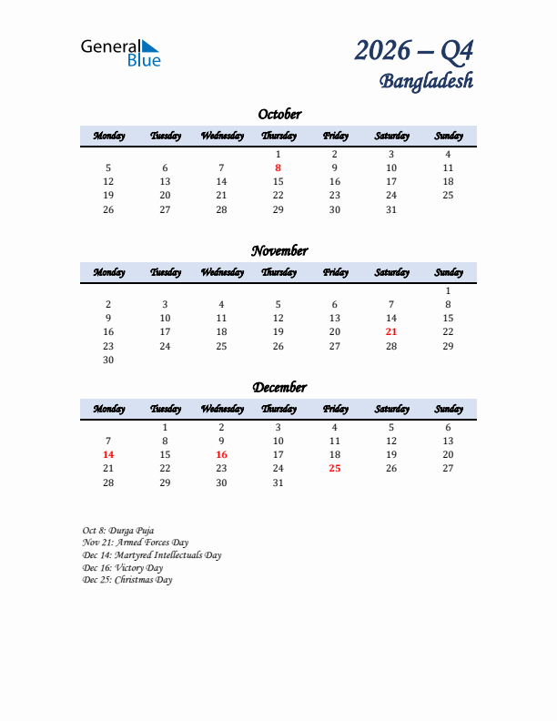 October, November, and December Calendar for Bangladesh with Monday Start