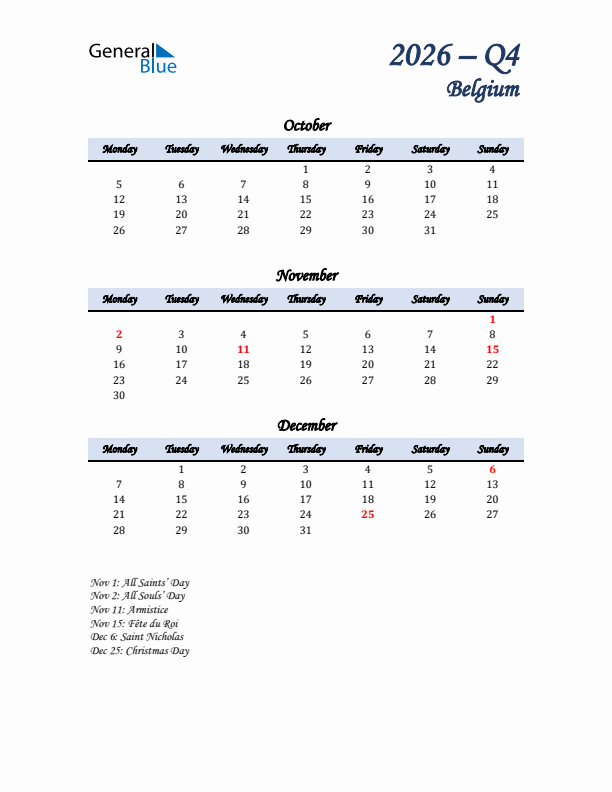 October, November, and December Calendar for Belgium with Monday Start