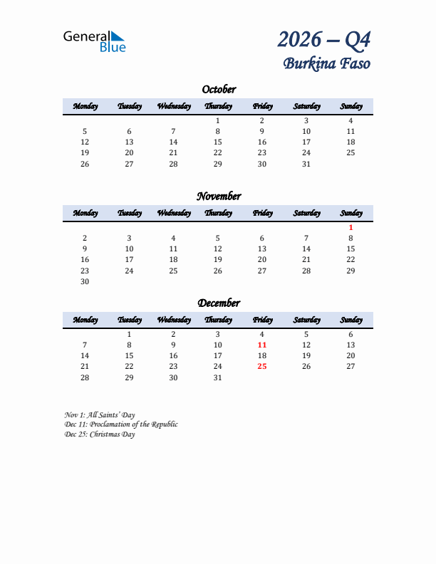 October, November, and December Calendar for Burkina Faso with Monday Start