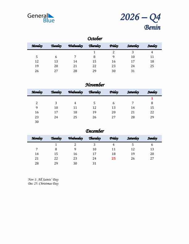 October, November, and December Calendar for Benin with Monday Start