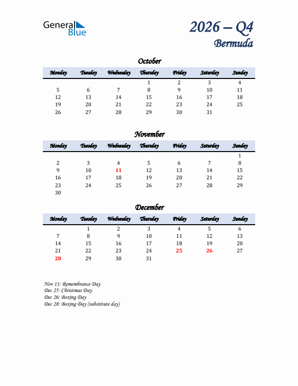 October, November, and December Calendar for Bermuda with Monday Start