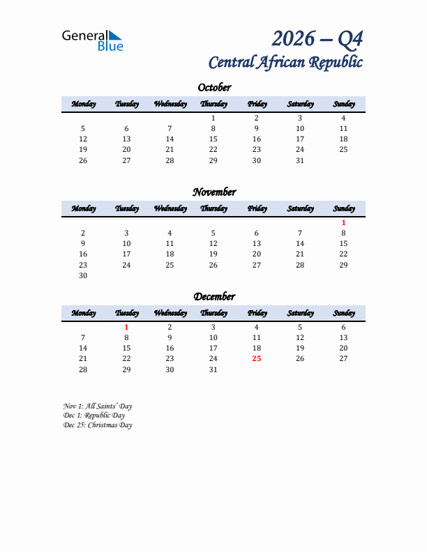 October, November, and December Calendar for Central African Republic with Monday Start