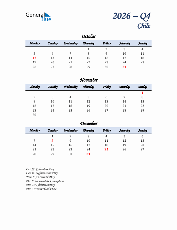 October, November, and December Calendar for Chile with Monday Start