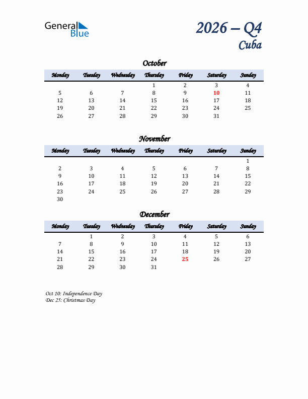 October, November, and December Calendar for Cuba with Monday Start