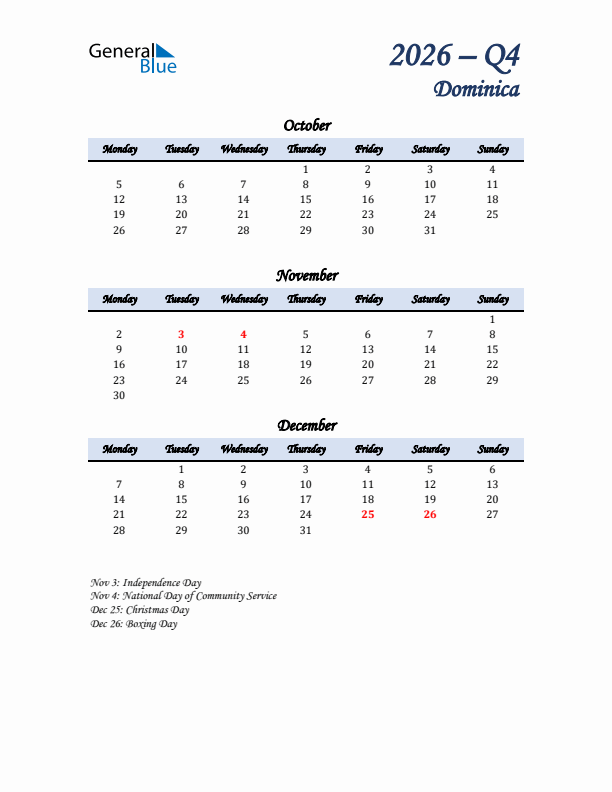 October, November, and December Calendar for Dominica with Monday Start