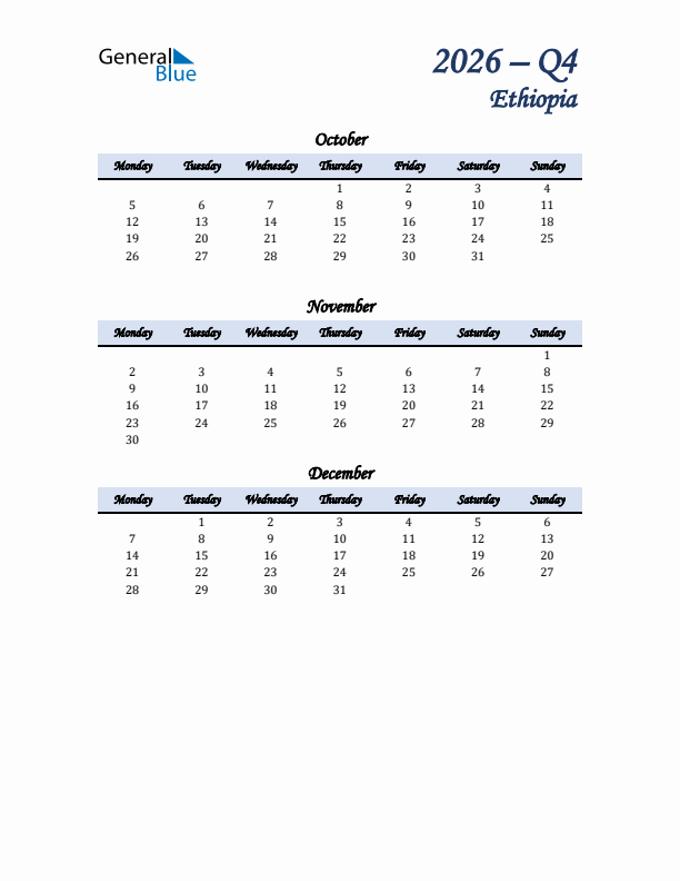 October, November, and December Calendar for Ethiopia with Monday Start